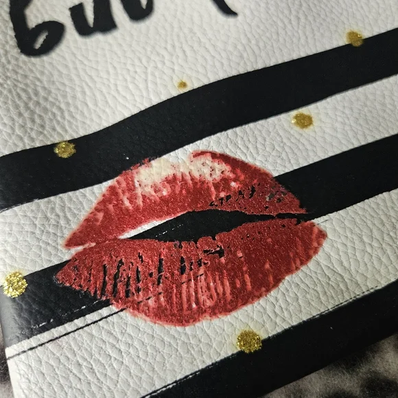 "But First, Me Time" Black and White Striped Oversized Travel Cosmetic Pouch Bag - Picture 2 of 7